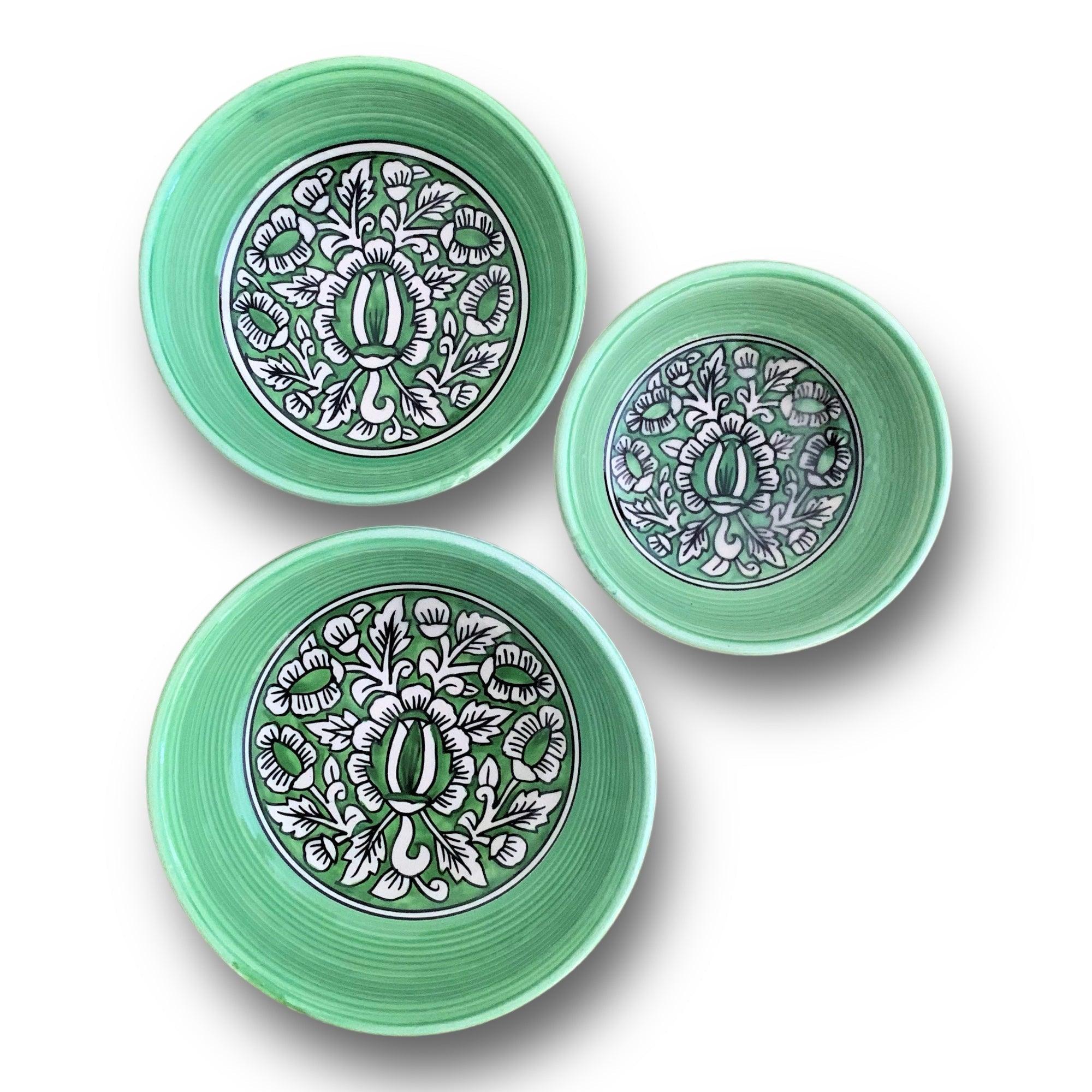Aurora Green Mughal Art Bowl Set of 3 - Clayful Homes