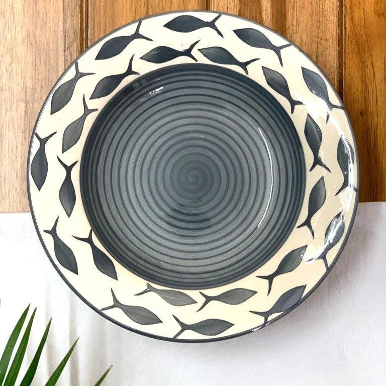 Hand Painted Ceramic Deep Starter Plates (Set of 2, Grey Fish, 21.5 cm Diameter) - Clayful Homes