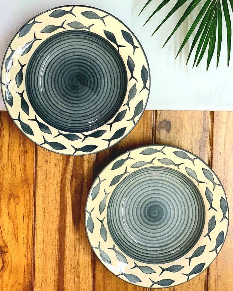 Hand Painted Ceramic Deep Starter Plates (Set of 2, Grey Fish, 21.5 cm Diameter) - Clayful Homes