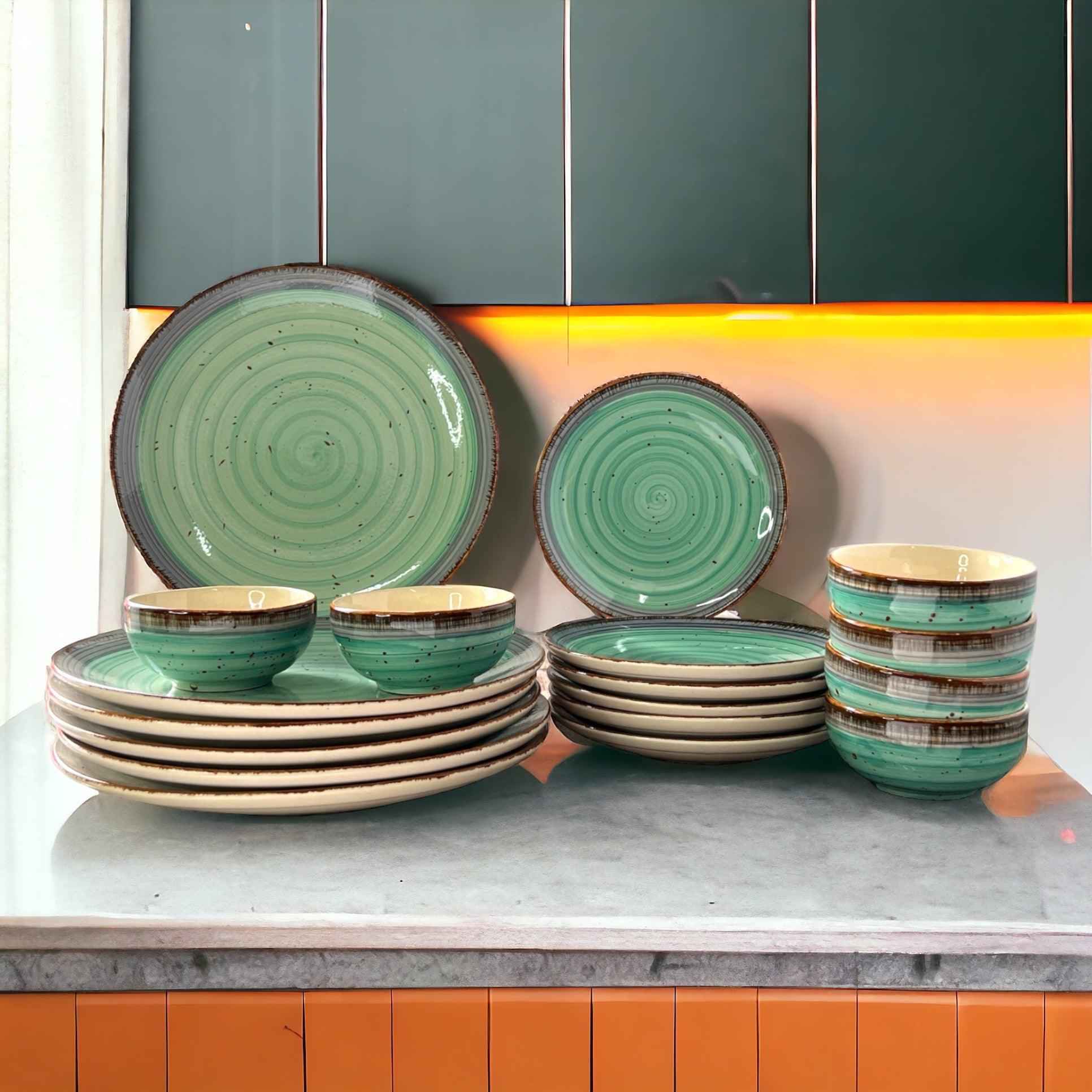 Green and Brown Dinner Set (18 Pcs) - Clayful Homes