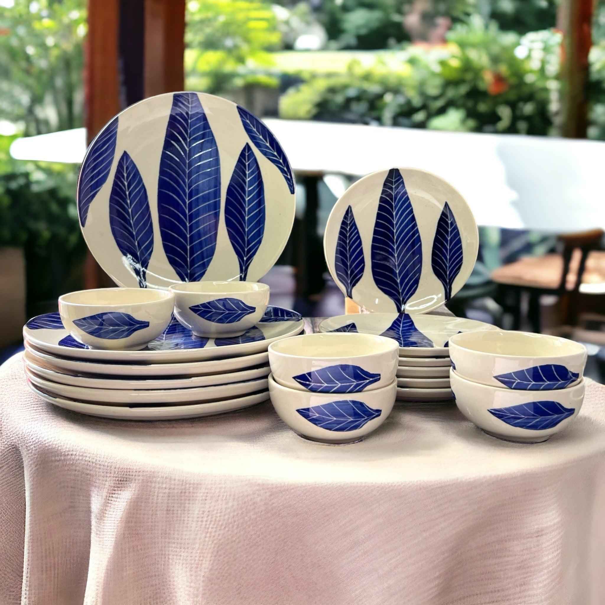 Blue Leaf Dinner Set (18 Pcs) - Clayful Homes