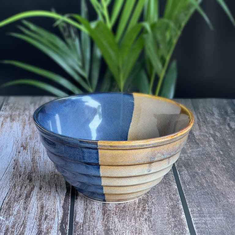 Cereal, Rice, Curry, Dining Table Multipurpose Large Serving Mixing Ceramic Bowls (360 ML, Set of 2,Brown Blue) - Clayful Homes