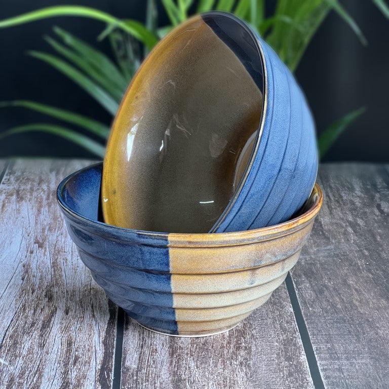 Cereal, Rice, Curry, Dining Table Multipurpose Large Serving Mixing Ceramic Bowls (360 ML, Set of 2,Brown Blue) - Clayful Homes