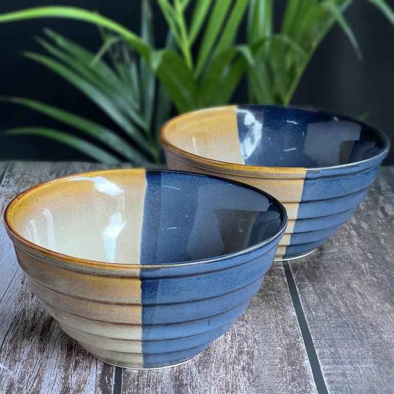 Cereal, Rice, Curry, Dining Table Multipurpose Large Serving Mixing Ceramic Bowls (360 ML, Set of 2,Brown Blue) - Clayful Homes