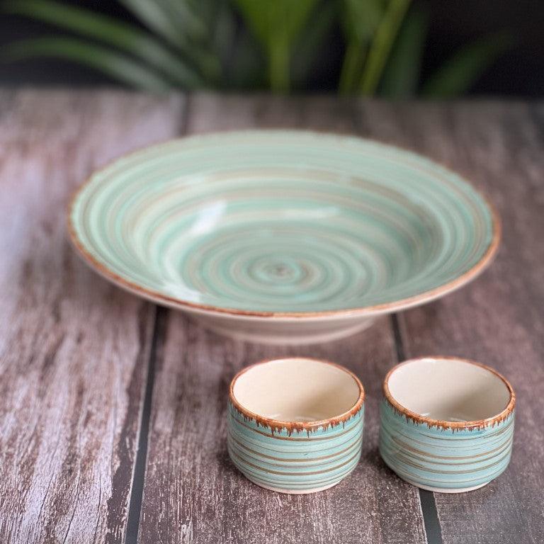 Hand Painted Ceramic Deep Starter Plate Serving Platter Tray with 2 Dip Bowls (Green, 21.5 cm Diameter) - Clayful Homes