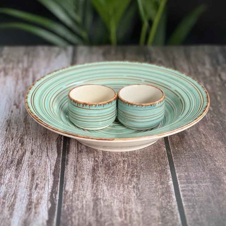 Hand Painted Ceramic Deep Starter Plate Serving Platter Tray with 2 Dip Bowls (Green, 21.5 cm Diameter) - Clayful Homes
