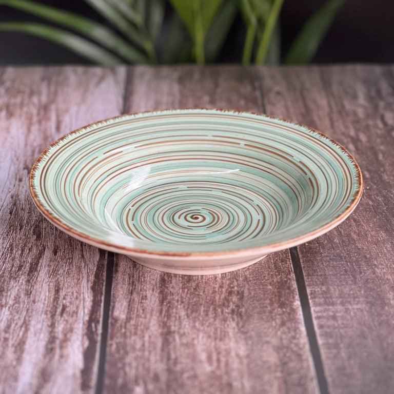 Hand Painted Ceramic Deep Starter Plate Serving Platter Tray with 2 Dip Bowls (Green, 21.5 cm Diameter) - Clayful Homes