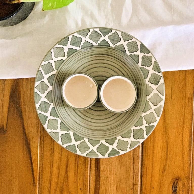 Hand Painted Ceramic Deep Starter Plate Serving Platter Tray with 2 Dip Bowls (Grey, 21.5 cm Diameter) - Clayful Homes