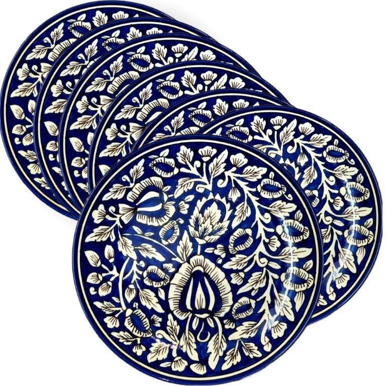 Hand Painted Ceramic Dinner Plates (10 Inch, Set of 6, Dishwasher & Microwave Safe, Mughal Blue) - Clayful Homes