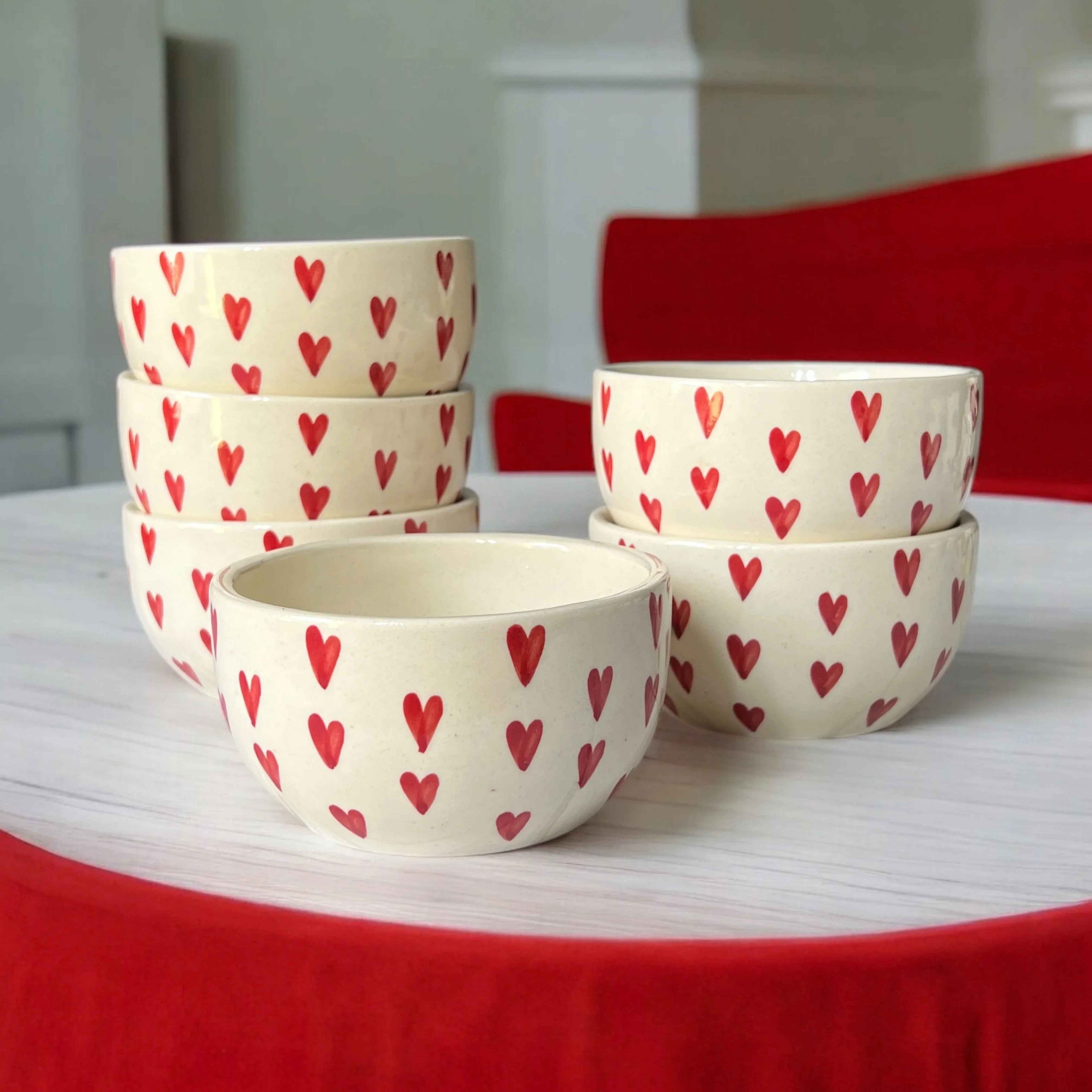 Red Heart Ceramic Soup Bowls (Set of 6) - Clayful Homes