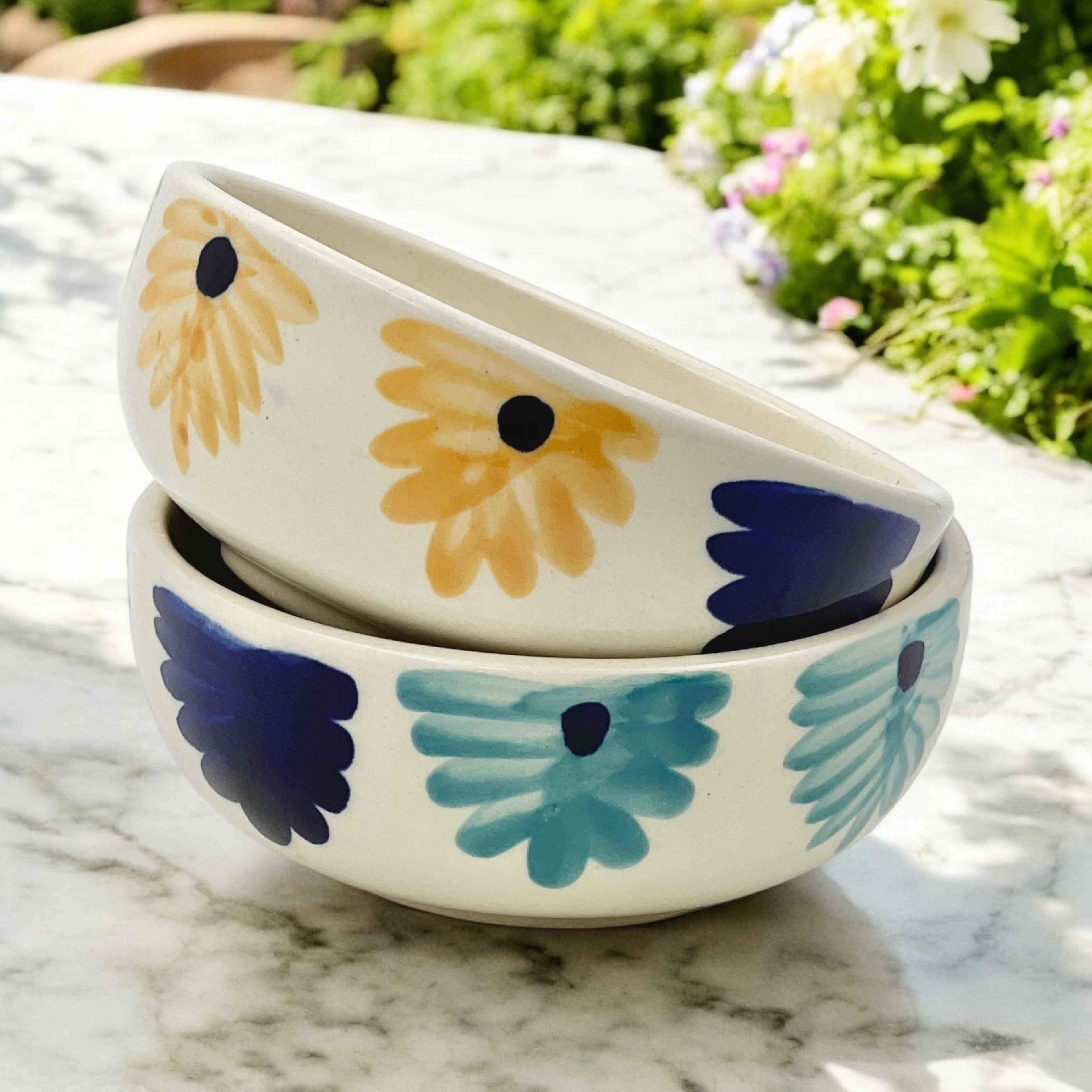 Yellow Blue Flower Soup Bowls - Clayful Homes