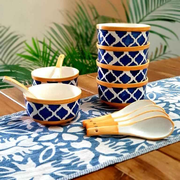 Ceramic dinnerware and soup bowls for an Indian dining table