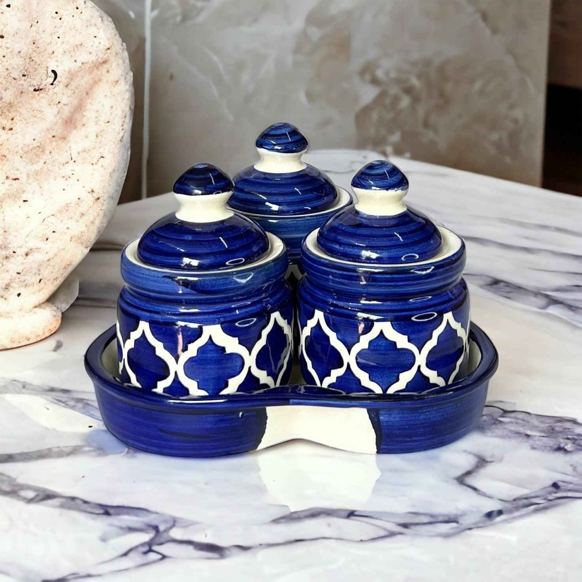 Blue ceramic pickle jars with tray from Clayful Homes