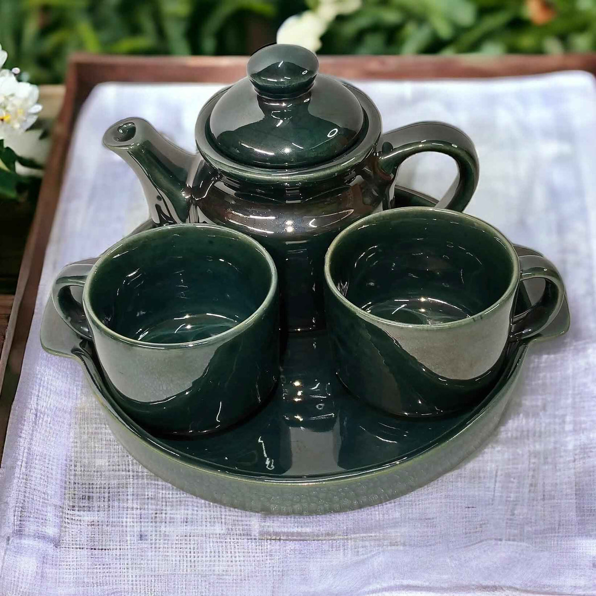 Antique green ceramic teapot set from Clayful Homes