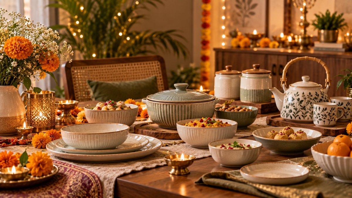 Dhanteras 2026 ceramic kitchen and home shopping guide with festive Indian table setting