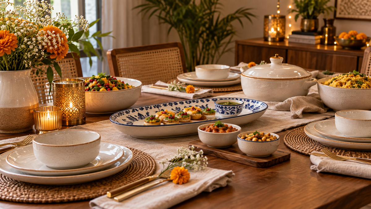 Diwali table setting with ceramic dinnerware, serving platters and festive Indian table decor