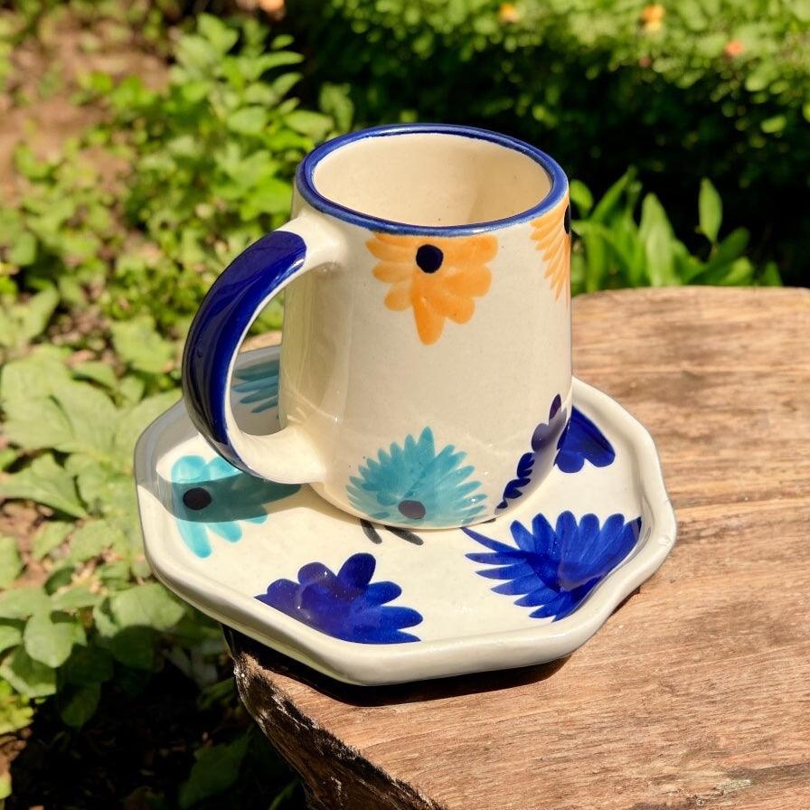 Blue & Yellow Flower Mug & Saucer - Clayful Homes
