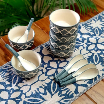 Hand painted Ceramic Soup Bowls with Spoons (300ML, Set of 6, Grey)