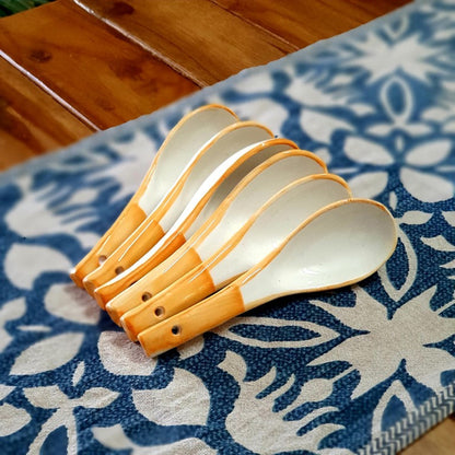 Hand painted Ceramic Soup Bowls with Spoons (300ML, Set of 6, Yellow)