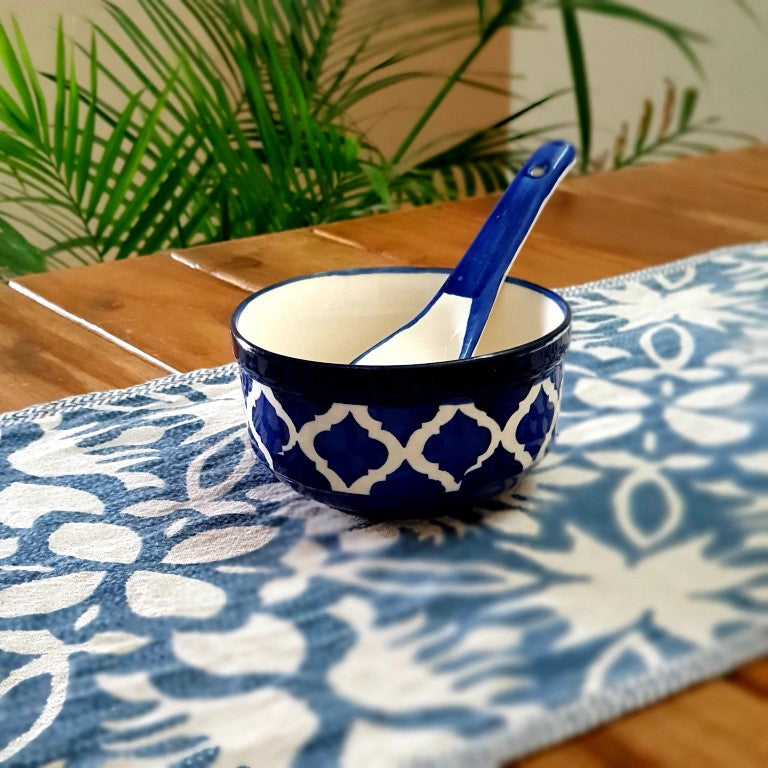 Hand painted Ceramic Soup Bowls with Spoons (300ML, Set of 6, Blue)