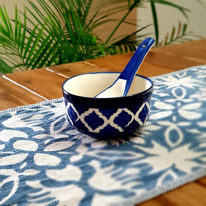 Hand painted Ceramic Soup Bowls with Spoons (300ML, Set of 6, Blue)