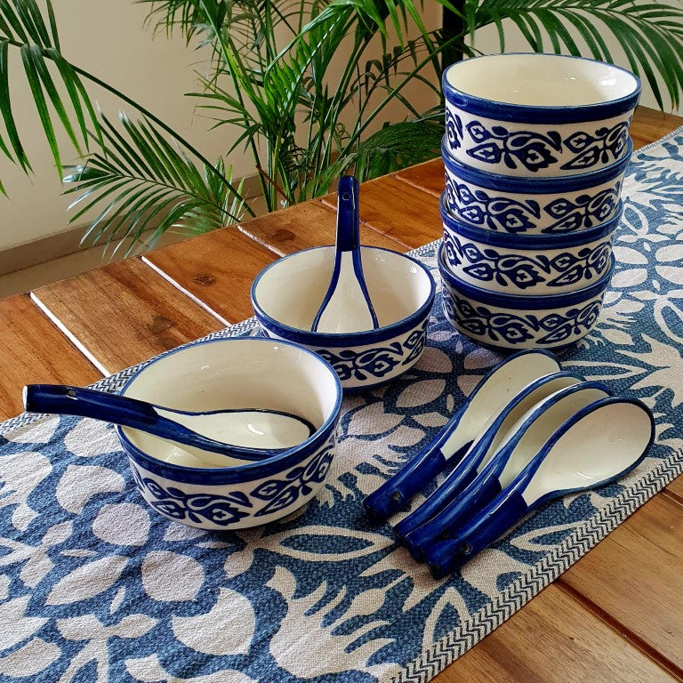 Flower Art Soup Bowl Set with Spoons