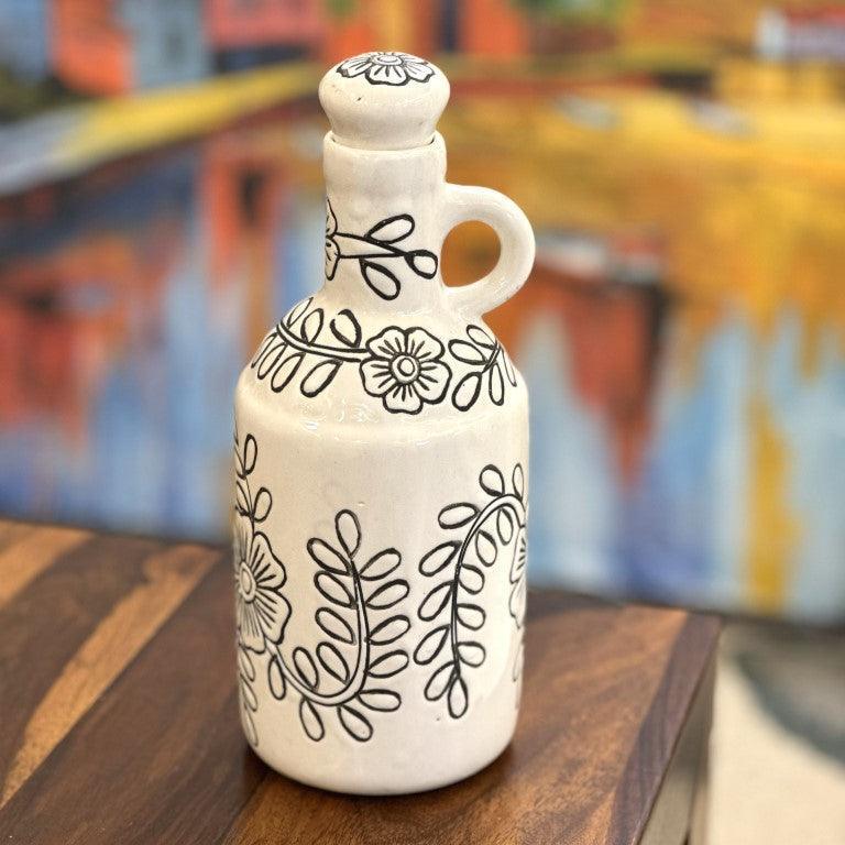 White Kalamkari Oil Bottle - Clayful Homes