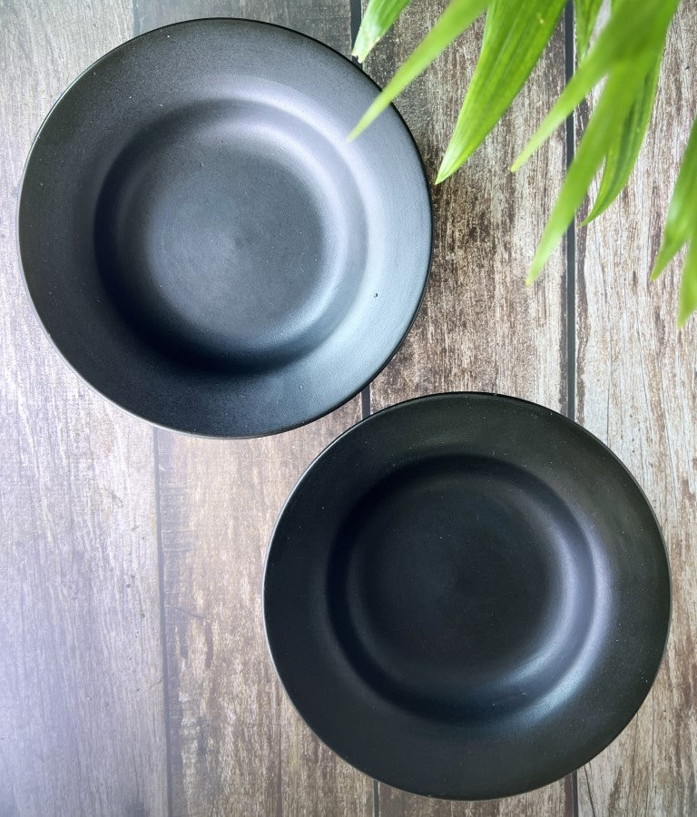 Hand Painted Ceramic Deep Starter Plates (Set of 2, Black, 21.5 cm Diameter)