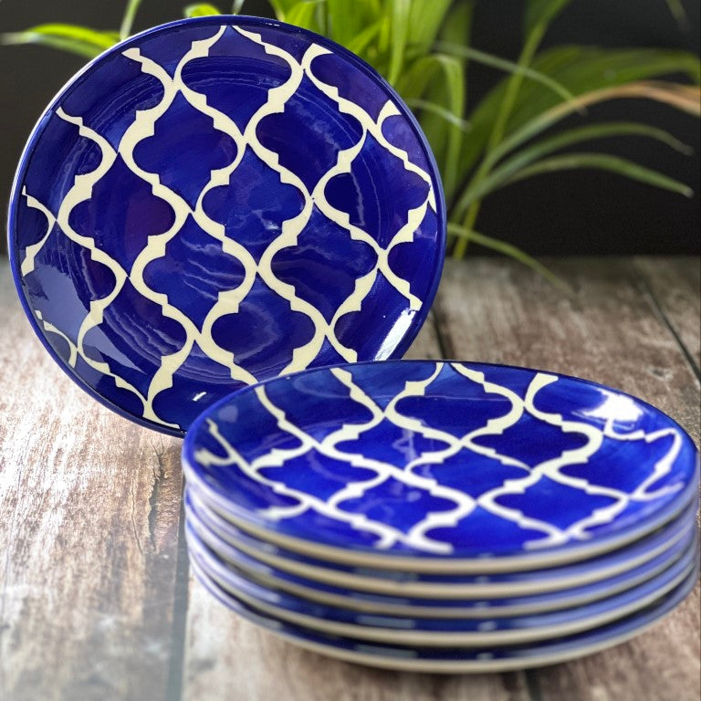 Hand Painted Side / Quarter Plates (7 Inch, Set of 6, Blue ,Microwave Safe)