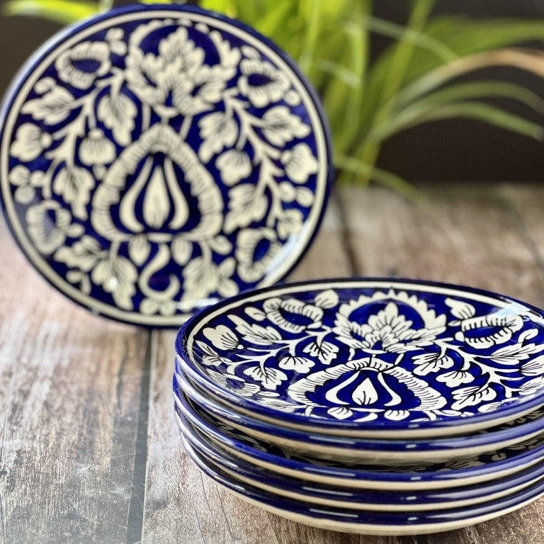 Hand Painted Side / Quarter Plates (7 Inch, Set of 6, Mughal Blue, Microwave Safe)