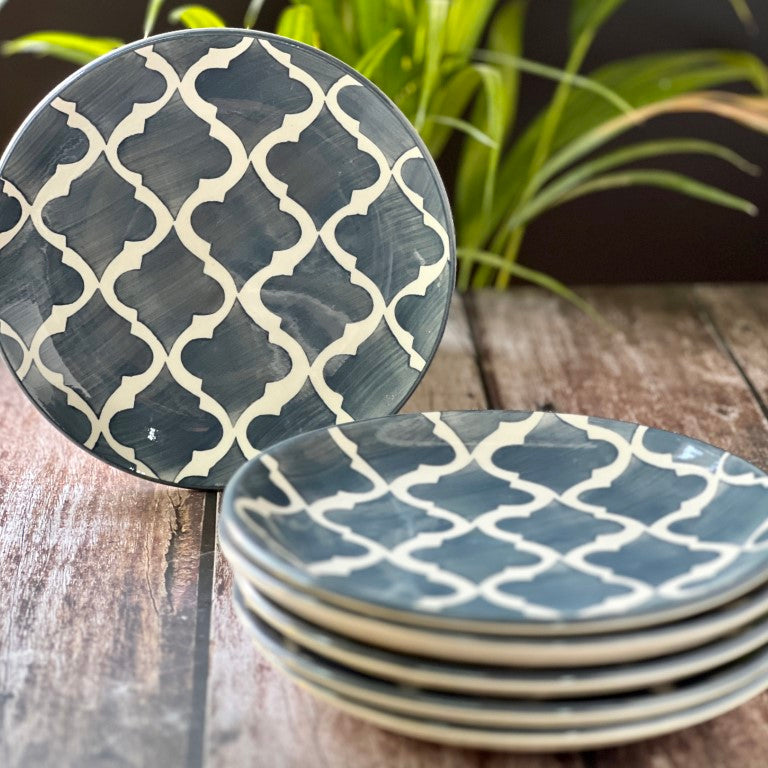 Hand Painted Side / Quarter Plates (7 Inch, Set of 6, Grey, Microwave Safe)