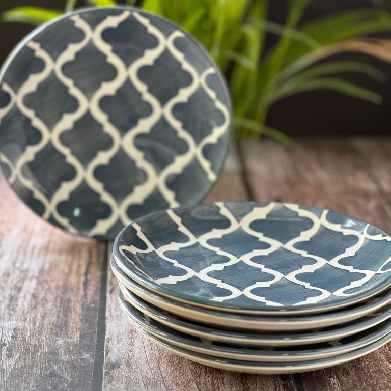 Hand Painted Side / Quarter Plates (7 Inch, Set of 6, Grey, Microwave Safe)