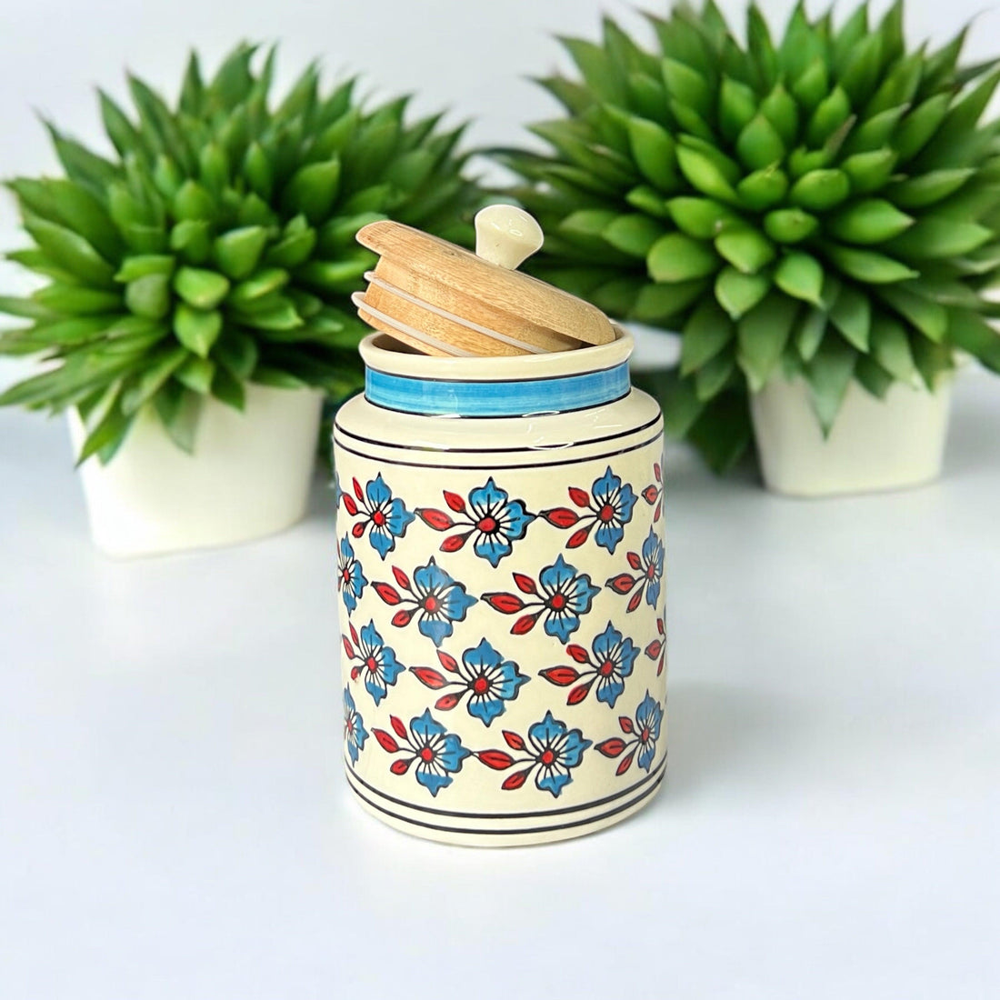 Blue Flower & Red Leaf Jar - Clayful Homes