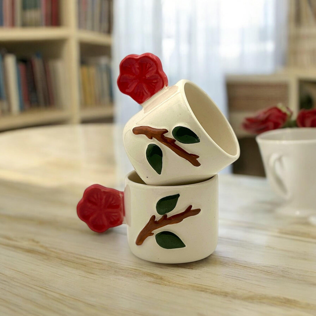 Red Flower Handle Mugs - Clayful Homes