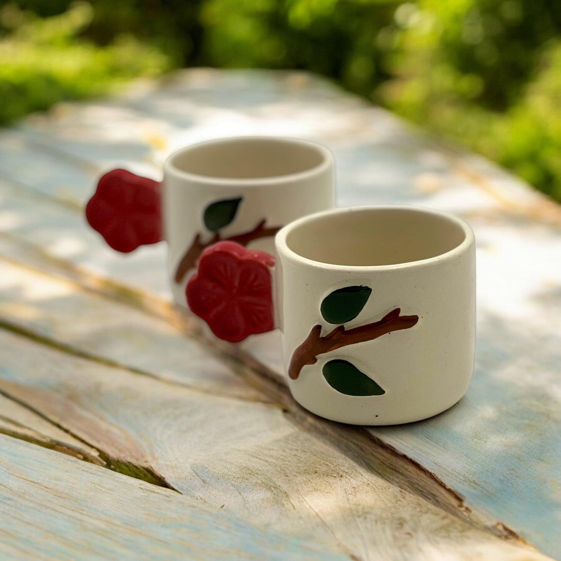 Red Flower Handle Mugs - Clayful Homes