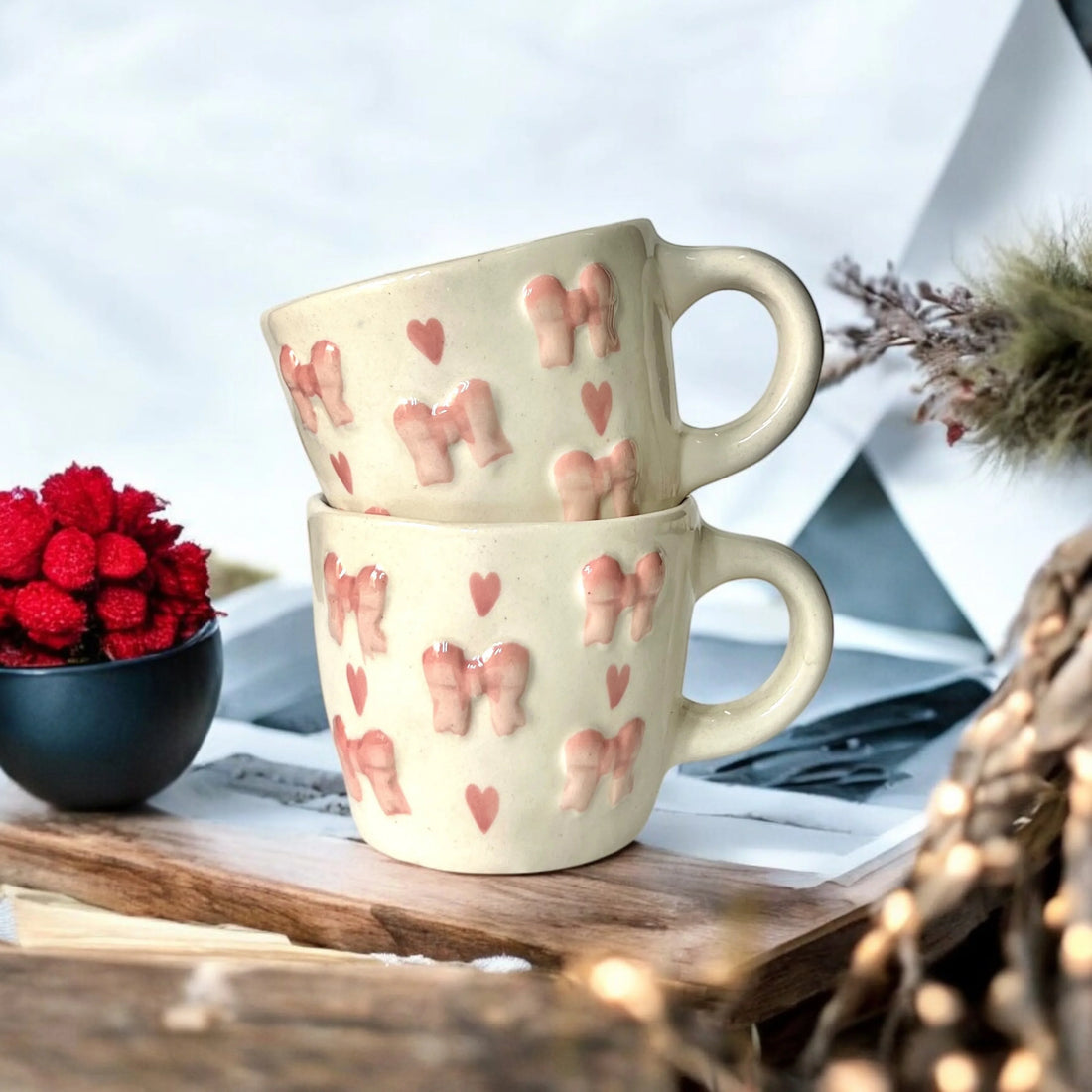 Two Bow and Hearts Mug - Clayful Homes