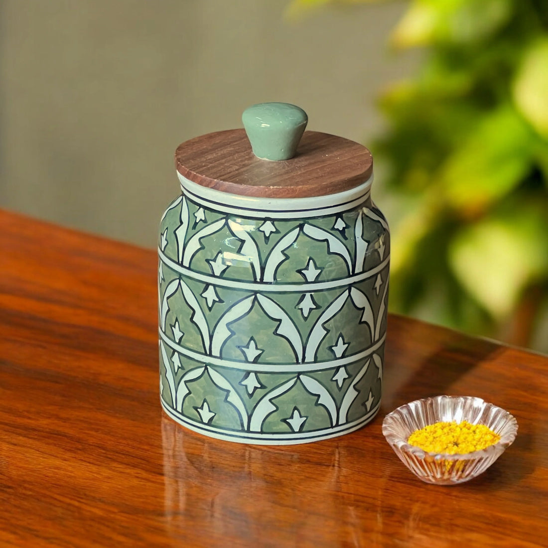 Green Mughal Garden Jar (Set of 1) - Clayful Homes