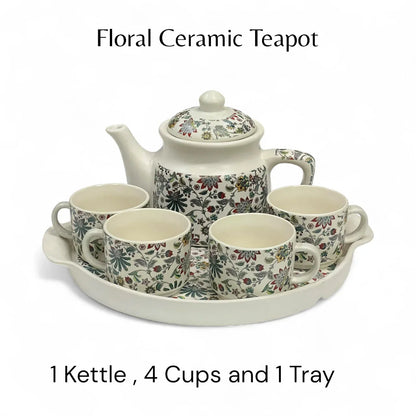 White Floral Cup Teapot Set
