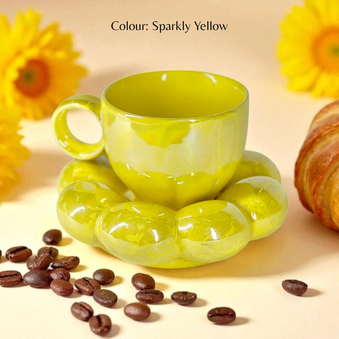 Bubbly Sunflower Coffee Mug & Saucer (Yellow) - Clayful Homes