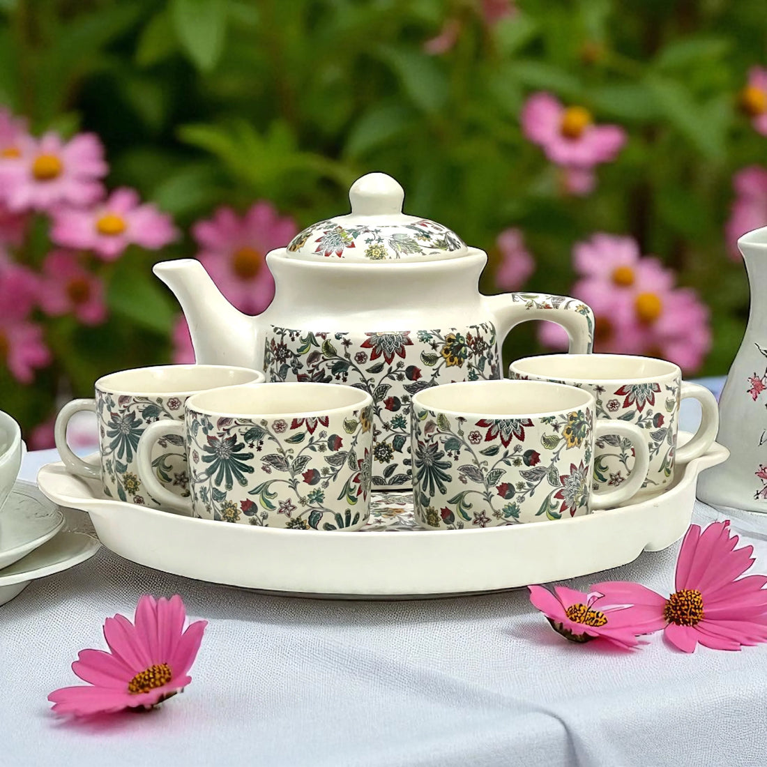 White Floral Cup Teapot Set