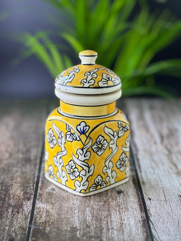 Ceramic Jars for Kitchen Storage Hand Painted Barni - Set of 1, Yellow - Clayful Homes