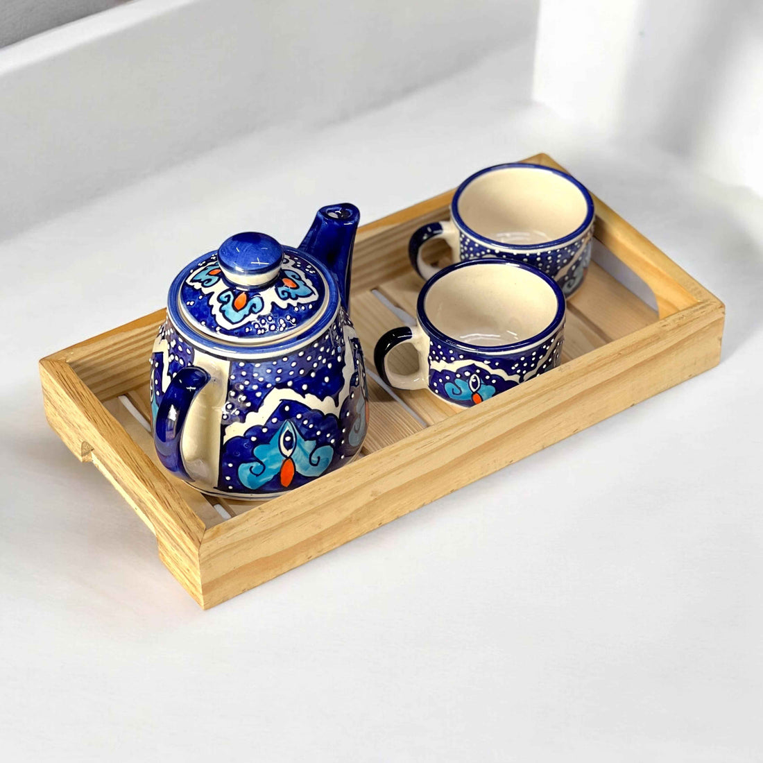 Mystic Open Eye Ceramic Tea Set with Wooden Tray | Hand-Painted Kettle & 2 Cups