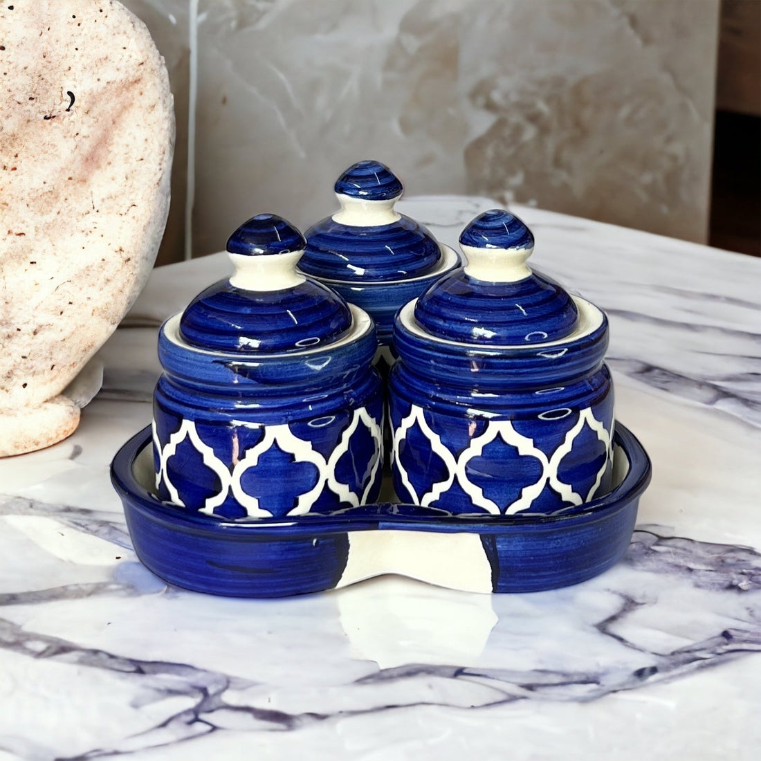 Blue Pickle Jars Set with Tray
