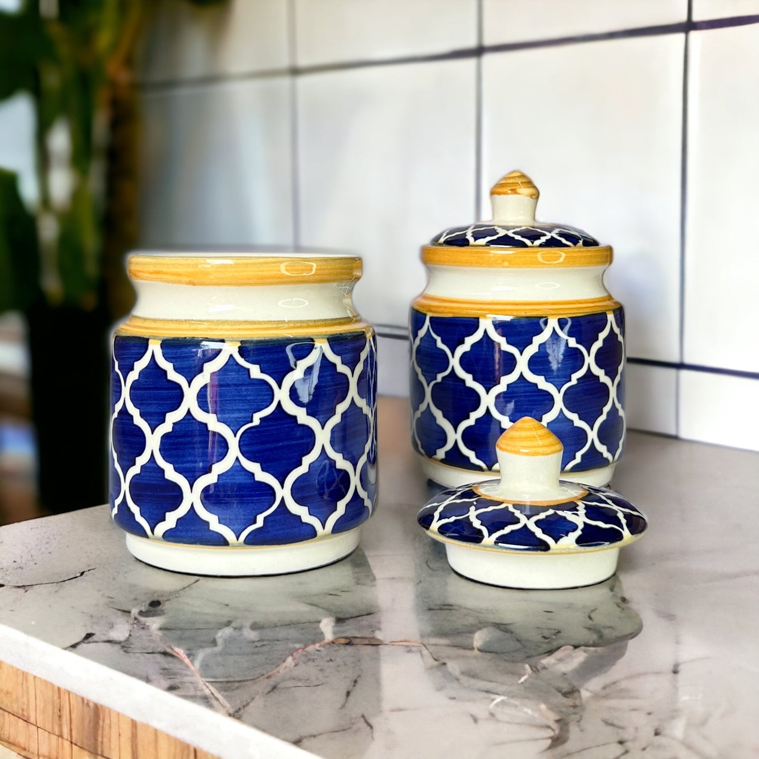 Two Morrocon Yellow Blue Jars