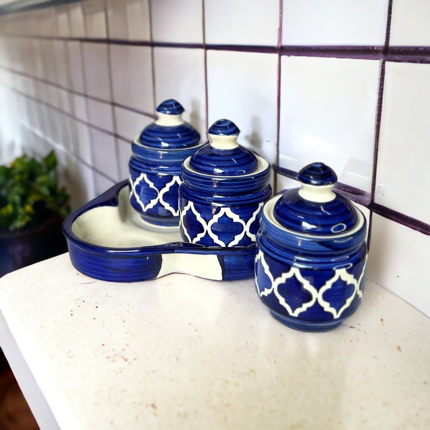 Blue Pickle Jars Set with Tray