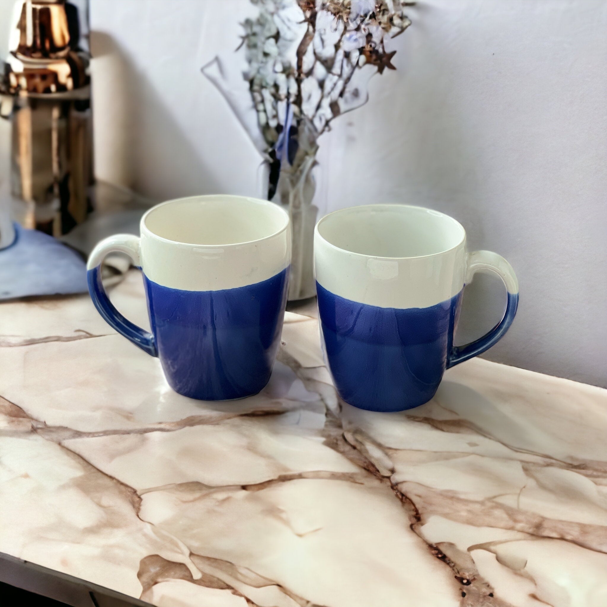 White &amp; Blue Mugs Set of 2