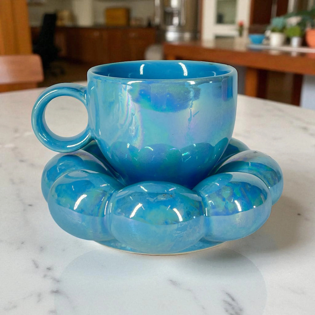 Bubbly Sunflower Coffee Mug & Saucer (Blue) - Clayful Homes