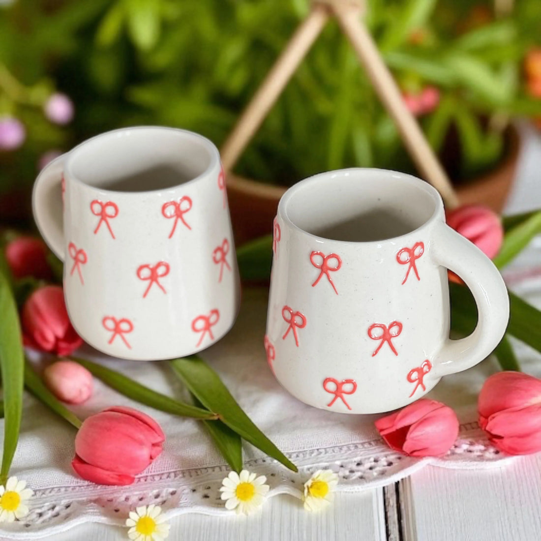 Two Pink Ribbon Mugs - Clayful Homes
