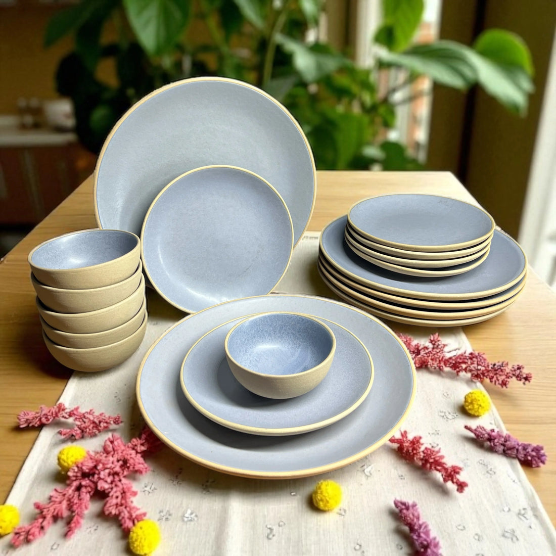 Earthy Blue Dinner set (18pcs) - Clayful Homes