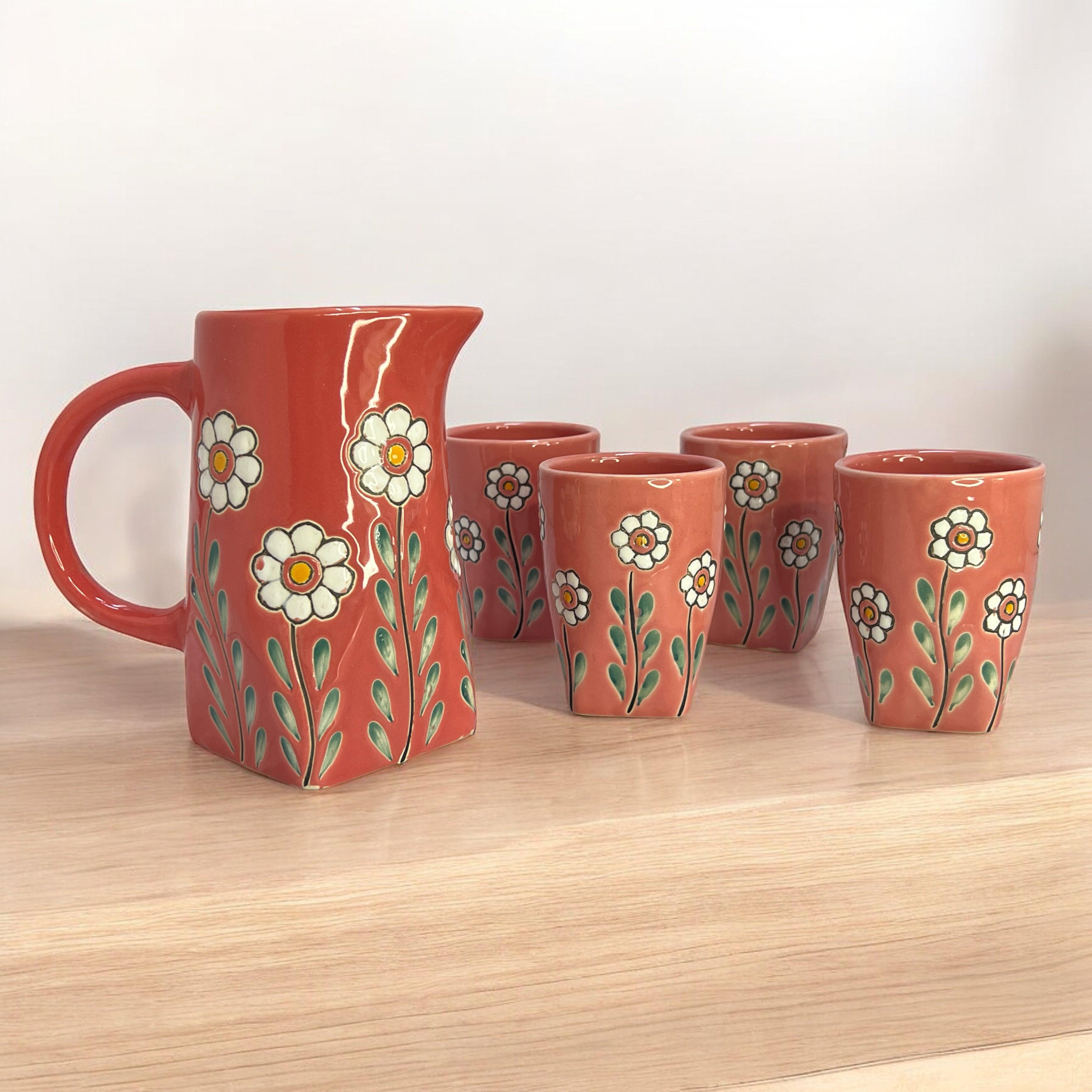 Clay jug and 4glass, Handmade drinkware painted jug hot with 4 glasses brown design